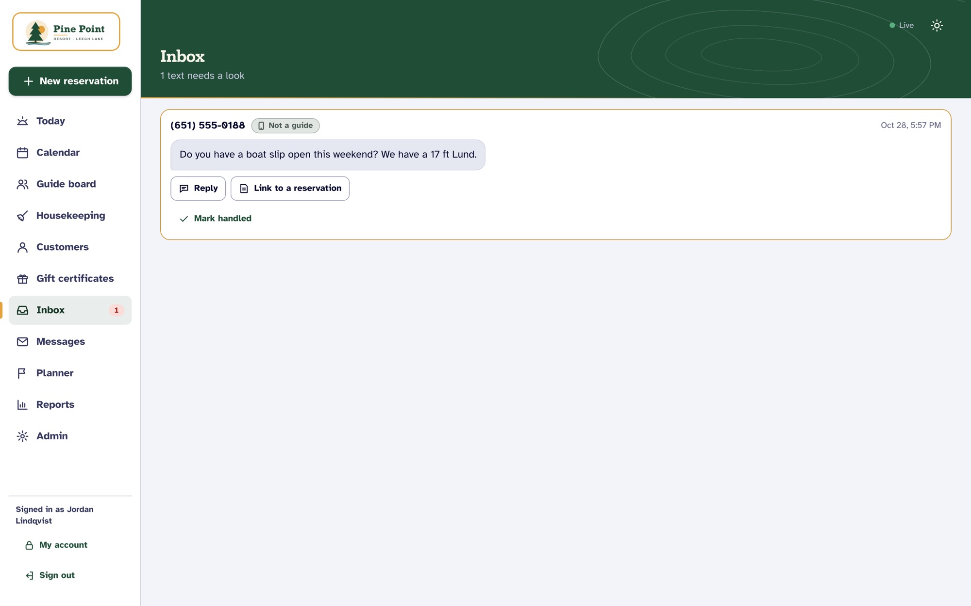 The shared Inbox with guest text messages.