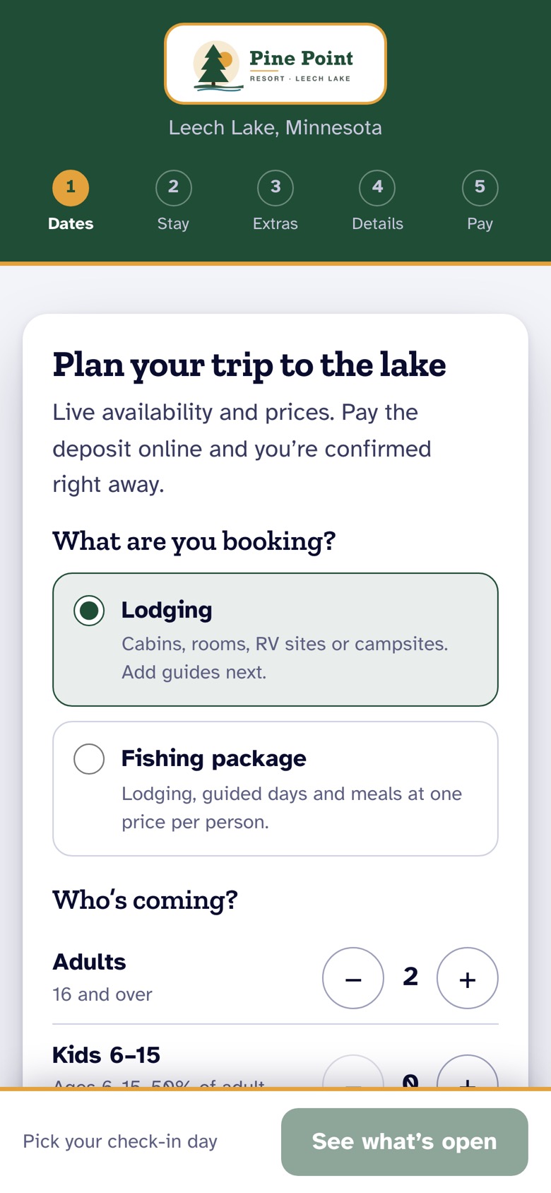 Online booking on a phone: the guest picks lodging or a fishing package and how many people are coming.