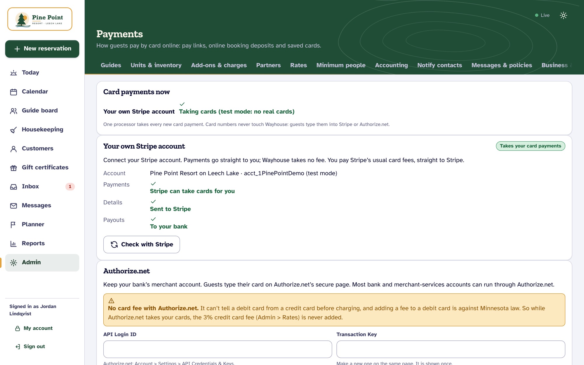 Payment settings: connect Stripe or use Authorize.net.
