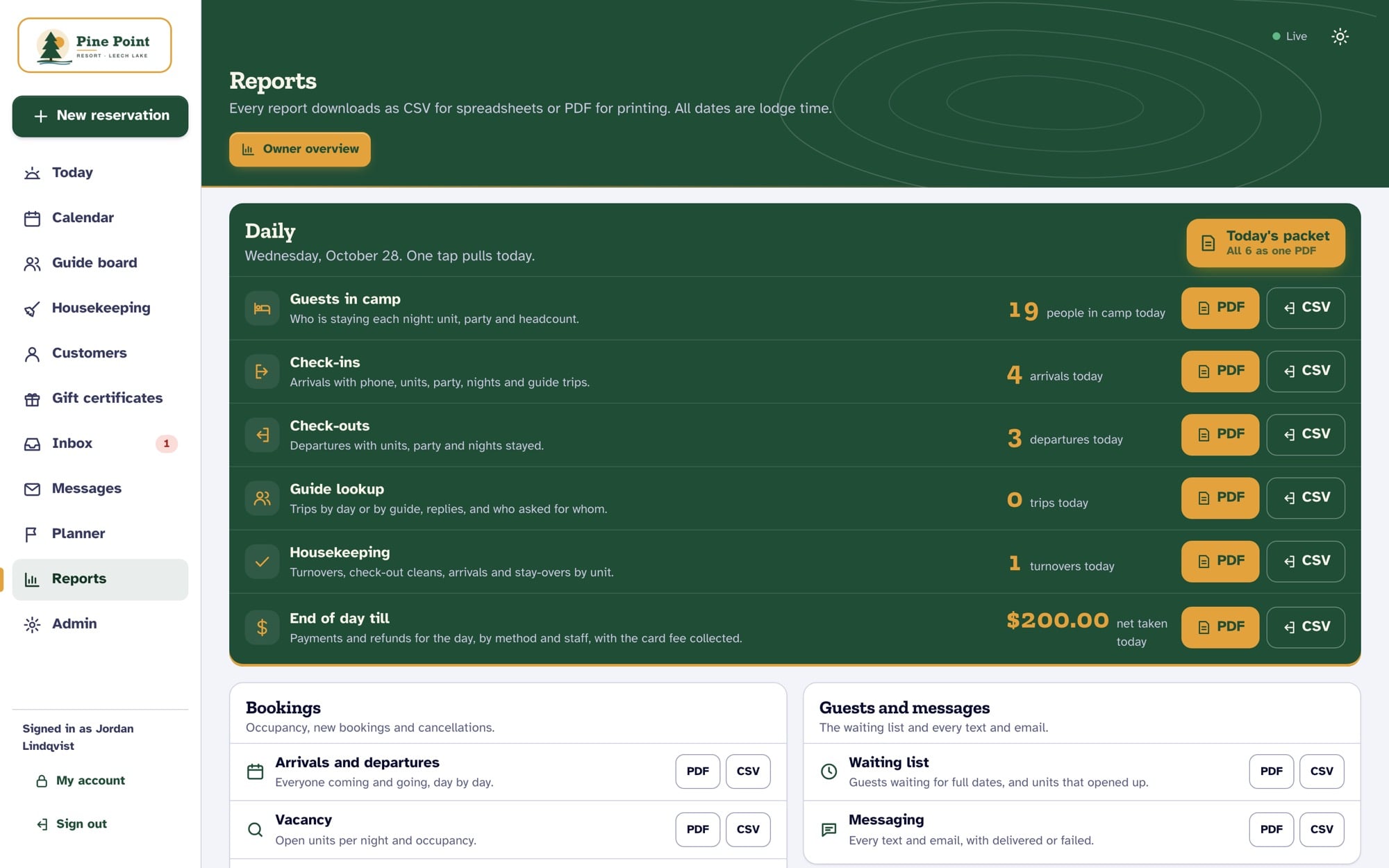 The Reports page with revenue, tax and deposit reports.
